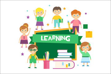 Learning, happy schoolkids and blackboard, kids education concept vector Illustration on a white background