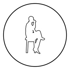 Man drinking from mug sitting on stool with crossed leg Concept relax icon outline black color vector in circle round illustration flat style image