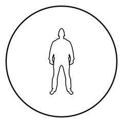 Man standing in cap view with front icon outline black color vector in circle round illustration flat style image