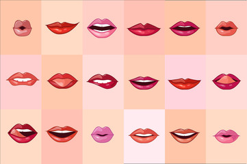 Beautiful female mouth set, red lips with with variety emotions vector Illustrations