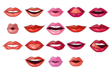 Beautiful female mouth set, red lips with with variety emotions and makeup vector Illustrations on a white background