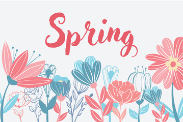 Spring hand sketched logotype, badge typography icon. Lettering spring season with leaf for greeting card, invitation template. Retro, vintage lettering banner poster template background.Vector.Eps10