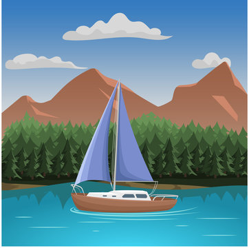 Mountains aerial view vector illustration. Mountain landscape with lake and small yacht