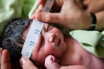 Midwife measuring newborn girl's head circumference
