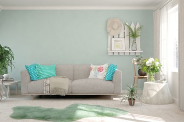 White stylish minimalist room with sofa and green home plants. Scandinavian interior design. 3D illustration