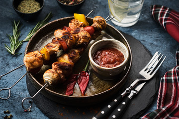 Shish kebab with mushrooms, cherry tomato and sweet pepper, Grilled meat skewers