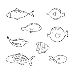 Vector set of hand drawn cute fishes. Ocean marine world. For children fashion and stationery, nursery, scrapbooking, home decor and textile, surface design.