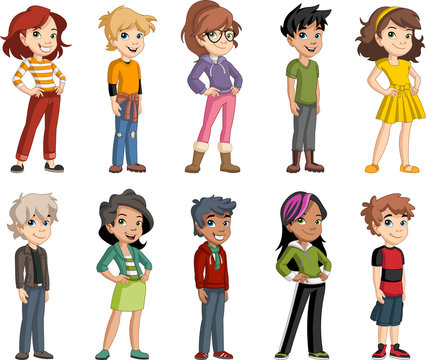 Group of cartoon young children. Teenagers.