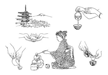 Digital drawn Chinese and Japanese tea objects. Tea's ceremony, teapots, bowls and other elements in sketchy style. Set for teashop, restaurant or magazine. For cards, decoration, postcard and etc.