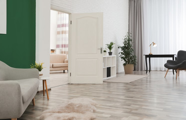 Living room interior with stylish furniture and open door
