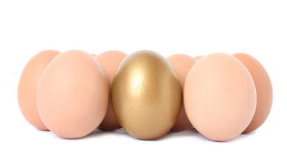 Golden egg among others on white background
