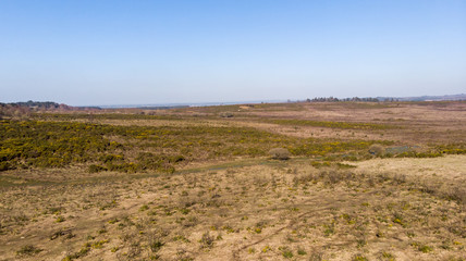 Aerial view of the New Forest National Park with heathland under a majestic blue sky.