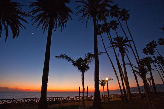 Sunset glow, Santa Monica Pallisades at dusk in Santa Monica, California, USA