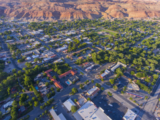 Moab city center and historic buildings aerial view in summer, Utah, USA.