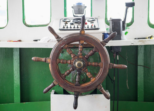 Steering wheel on boat