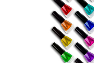 many bottles of multicolored nail varnish, copy spaсe	