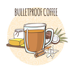 Bulletproof coffee. Vector illustration of a buttered caffeine keto drink and its ingredients: coconut oil and butter. Hot beverage in a mug on a circle background with doodle swirls on white. 