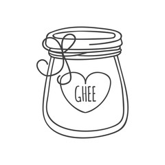 Ghee. Outline vector illustration of a glass with Indian ghee butter. Cute doodle jar with a decorative rope and a heart shaped label isolated on white. Ayurveda, healthy eating and culinary theme. 
