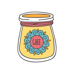 Ghee. Vector illustration of traditional Indian ghee butter. Cute doodle jar with a decorative rope and a round shaped label with ornament. Healthy eating and Culinary topic. 