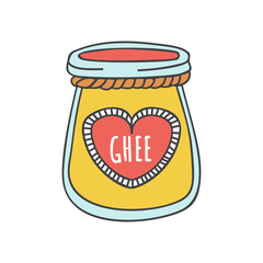 Ghee. Vector illustration of a glass with Indian ghee butter. Cute doodle jar with a decorative rope and a heart shaped label. Cartoon element on Healthy eating and Culinary topic. 