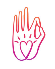 Vector illustration of a hand in a buddhist gesture with a heart symbol. Freehand icon for meditation, yoga, esoteric, spiritual concept or logo design. Hand drawn element with vivid lines. 