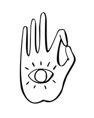 Vector illustration of a hand in a buddhist gesture with the eye symbol. Freehand icon for meditation, yoga, esoteric, spiritual concept or logo design. Hand drawn element with vivid lines. 