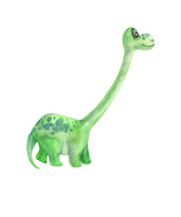 Watercolor green dinosaur cartoon isolated on white background. For design textiles, background for birthday greeting card template, screen fabric or pattern