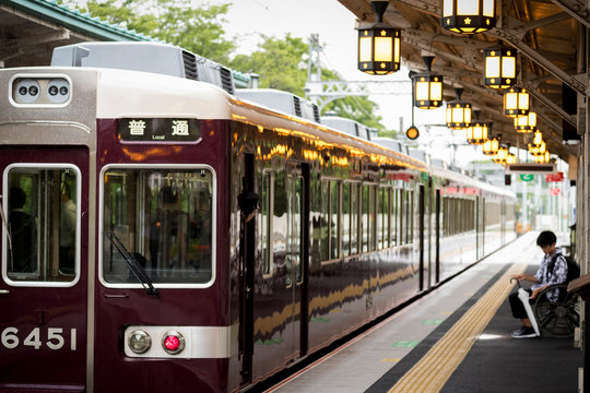 Train At Platform In Arashiyama Outside Of Kyoto, Japan