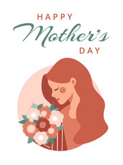 Happy woman holding a bouquet of flowers. Vector festive concept for Happy Mother's day