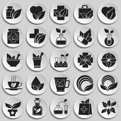 Phytoterapy icons set on plates background for graphic and web design. Simple vector sign. Internet concept symbol for website button or mobile app.