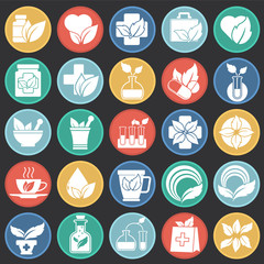 Phytoterapy icons set on circles black background for graphic and web design. Simple vector sign. Internet concept symbol for website button or mobile app.