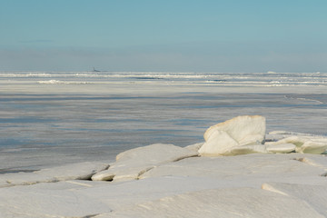 Tolbukhin lighthouse in the Gulf of Finland. Ice hummocks.