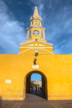 Clock Tower (Torre del Reloj) and main gate of old city wall in Cartagena, Bolivar, Colombia