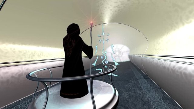 Sci fi druid moves through tunnel 3d render