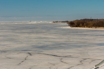 Tolbukhin lighthouse in the Gulf of Finland and Fort Reef. Ice hummocks.