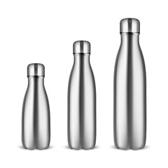 Vector Realistic 3d Silver Empty Glossy Metal Reusable Water Bottle Set with Silver Bung Closeup on White Background. Different Size. Design Template of Packaging for Mock up, Advertising. Front View