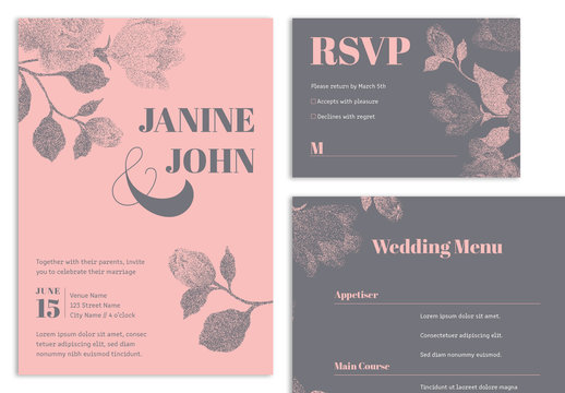 Wedding Suite Layout with Pink and Dark Grey Floral Elements
