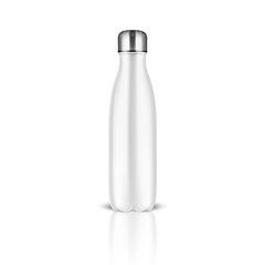 Vector Realistic 3d White Empty Glossy Metal Reusable Water Bottle with Silver Bung Closeup on White Background. Design Template of Packaging for Mock up, Package, Advertising, Logo. Front View