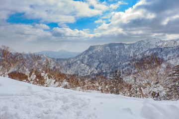 Fototapeta na wymiar Beautiful view from snow covered moutain at Sapporo Kokusai, Japan.