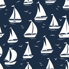 Seamless pattern with yacht silhouette on waves and birds