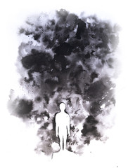 Graphic design element with ink texture and short brushstrokes with the silhouette of a person or child, hand drawn on isolated white background