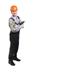 a worker with a drill and a ruler measure in his hands is ready for any difficult work. isolated