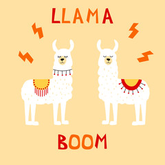 Set of two decorated lamas in poncho.  Cute cartoon art. Standing animal