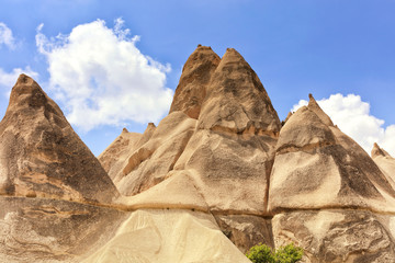 Mountain peaks from sandstone in the mountains and valleys of Cappadocia