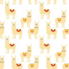 Seamless pattern with decorated lamas in poncho. Trendy cartoon print. Beige animal on white background.