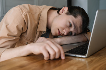 Freelancer missed deadline, feeling exhausted and unhappy. Tired and frustrated business man...