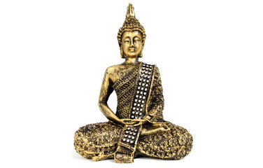 Buddha sculpture with golden color and vintage overall look isolated on white background with front...