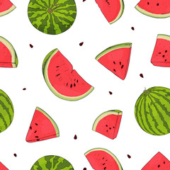 Seamless pattern with watermelons. Drawing hands.
