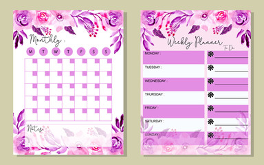 Set monthly and weekly planner purple waterlor flower