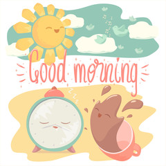 Vector illustration of sleeping alarm clock and cheerful cup of coffee, with Good Morning lettering and with sun, clouds and singing birds.